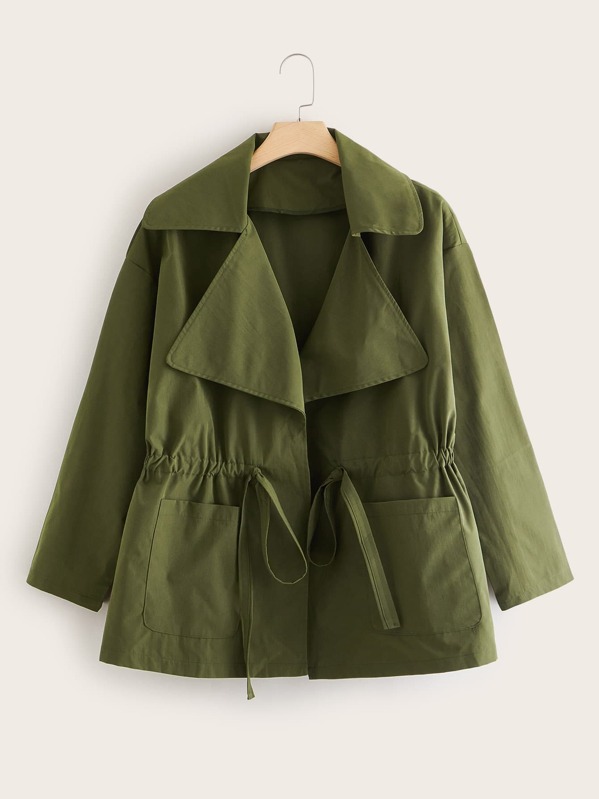 

Plus Drawstring Waist Lapel Collar Coat, Army green