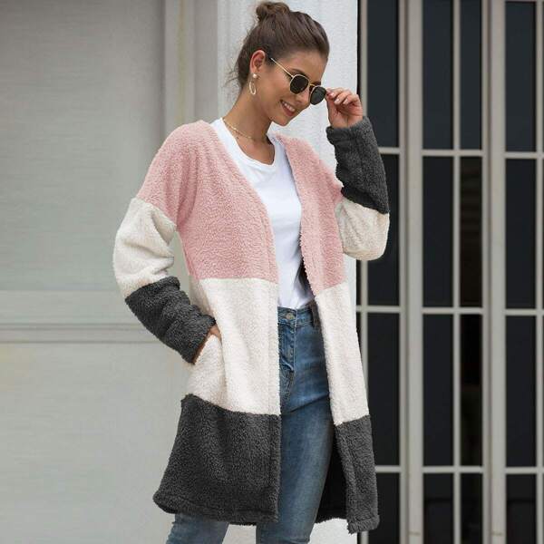 

Cut And Sew Open Front Teddy Coat, Multicolor