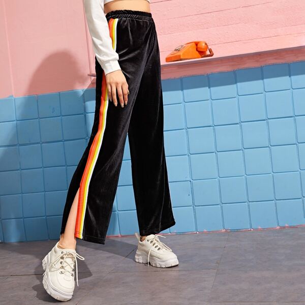 

Multi-striped Tape Split Side Wide Leg Velvet Pants