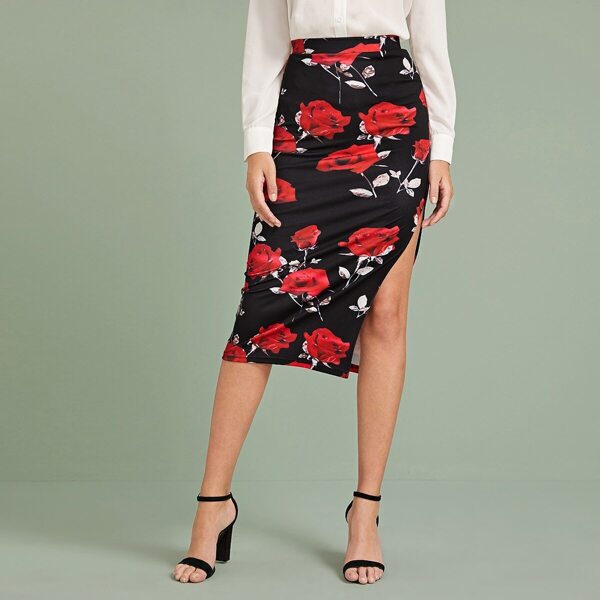 

Floral Print Split Thigh Pencil Dress, Black