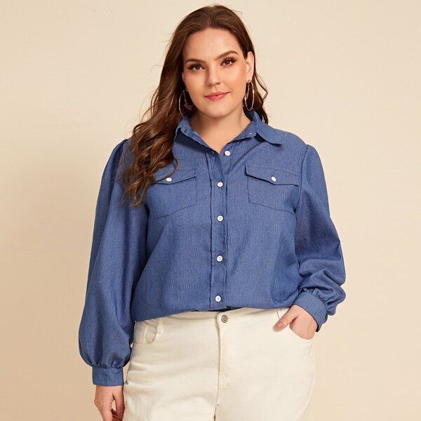 

Plus Curved Hem Lantern Sleeve Denim Blouse, Blue