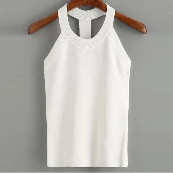 

Plus Solid Ribbed Halter Knit Top, White