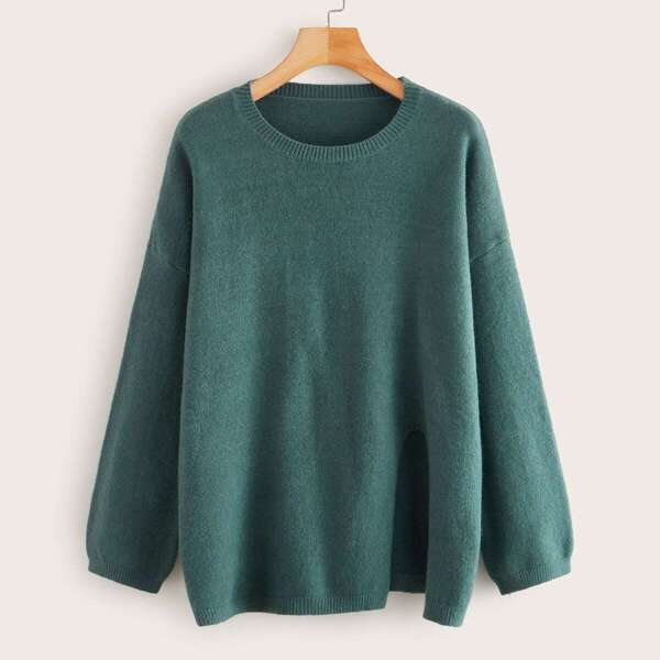 

Solid Split Hem Drop Shoulder Sweater, Green