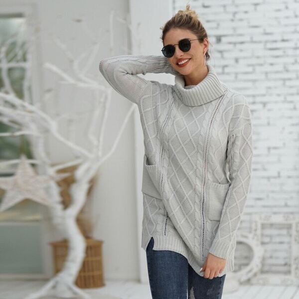 

High Neck Dual Pocket Cable Knit Sweater, Grey