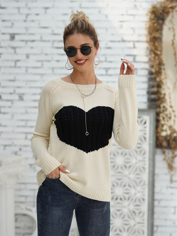 

Heart Pattern Raglan Sleeve Sweater, Beige