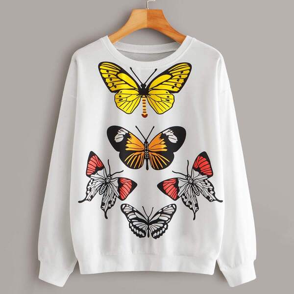 

Butterfly Print Round Neck Sweatshirt, White