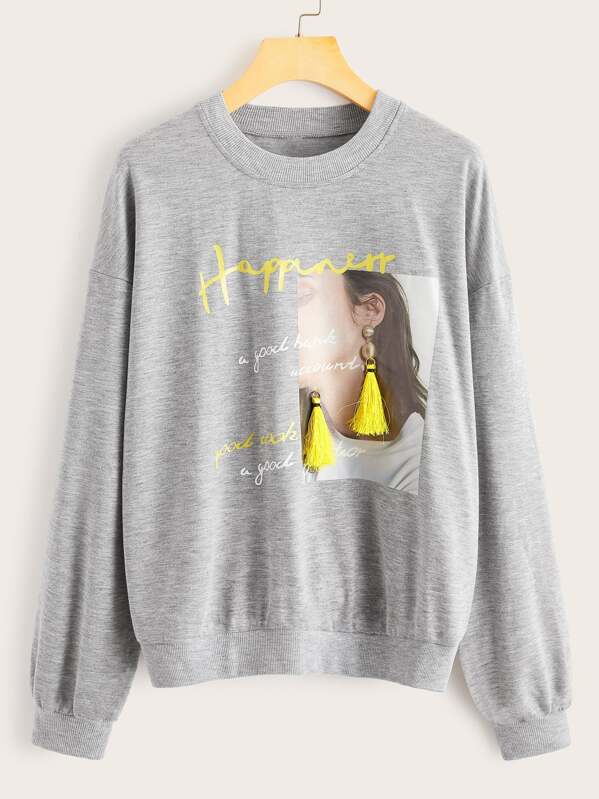 

Figure Print Fringe Decoration Sweatshirt, Grey