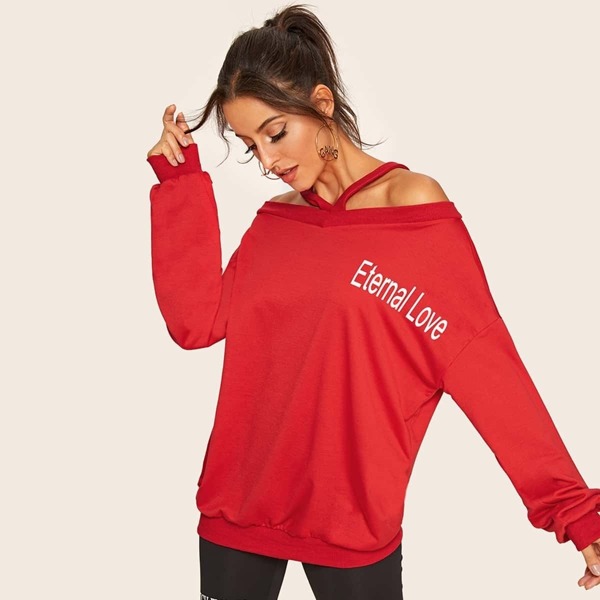 

Letter Print Cold Shoulder Halter Sweatshirt, Red
