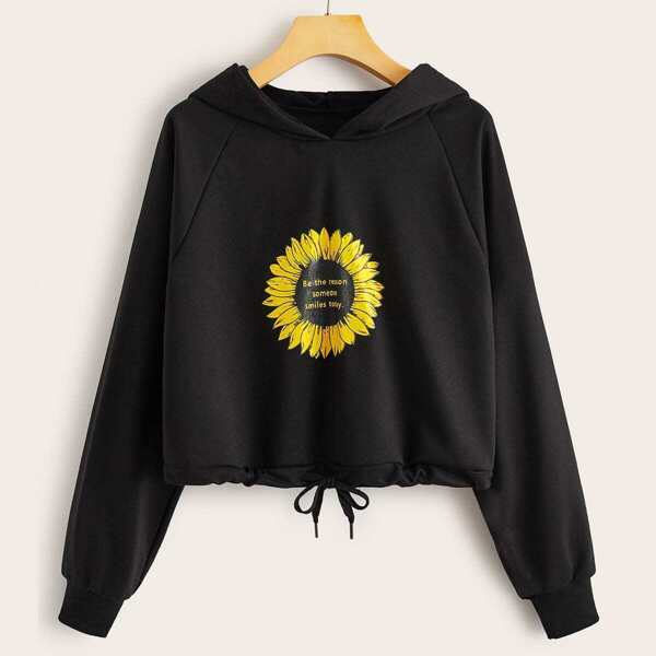 

Sunflower And Slogan Print Drawstring Hem Hoodie, Black