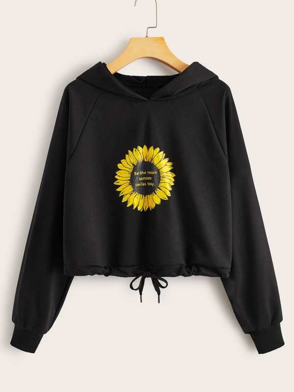 

Sunflower And Slogan Print Drawstring Hem Hoodie, Black