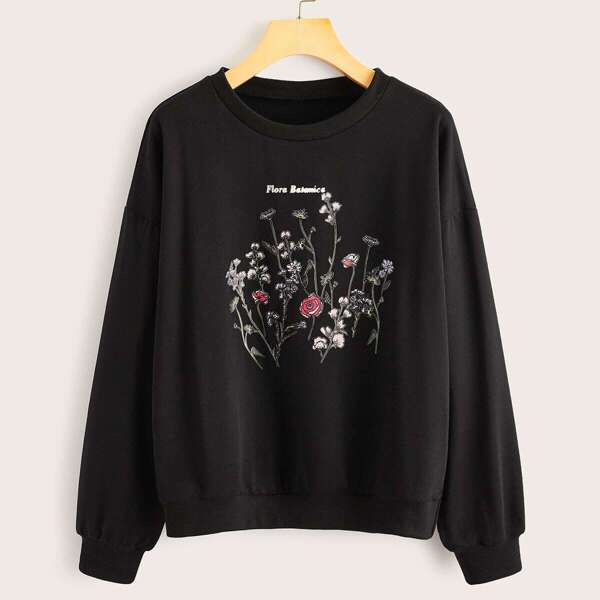 

Floral Print Drop Shoulder Sweatshirt, Black