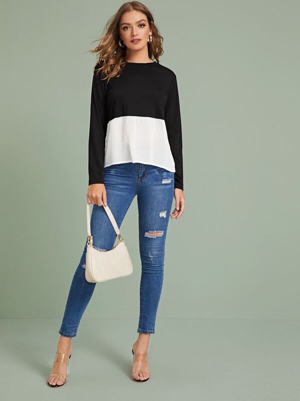 

Contrast Hem Long Sleeve Tee, Black and white, Luiza