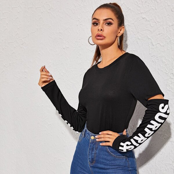 

Cut Out Sleeve Letter Print Tee, Black