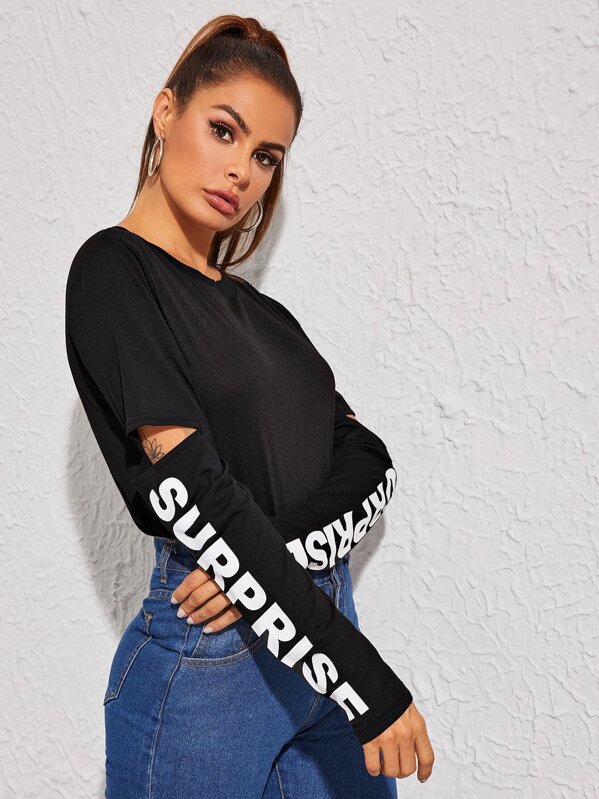 

Cut Out Sleeve Letter Print Tee, Black, Andy