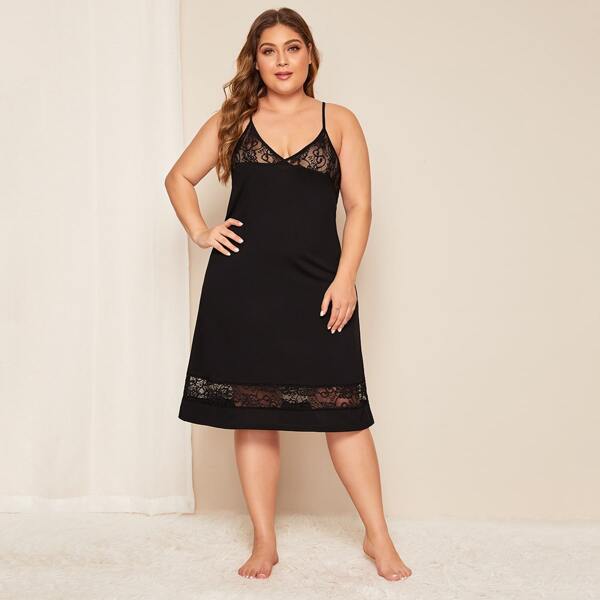 

Plus Contrast Lace Cami Night Dress, Black