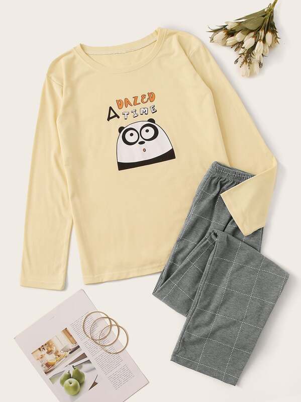 

Panda & Letter Print Plaid PJ Set, Multicolor