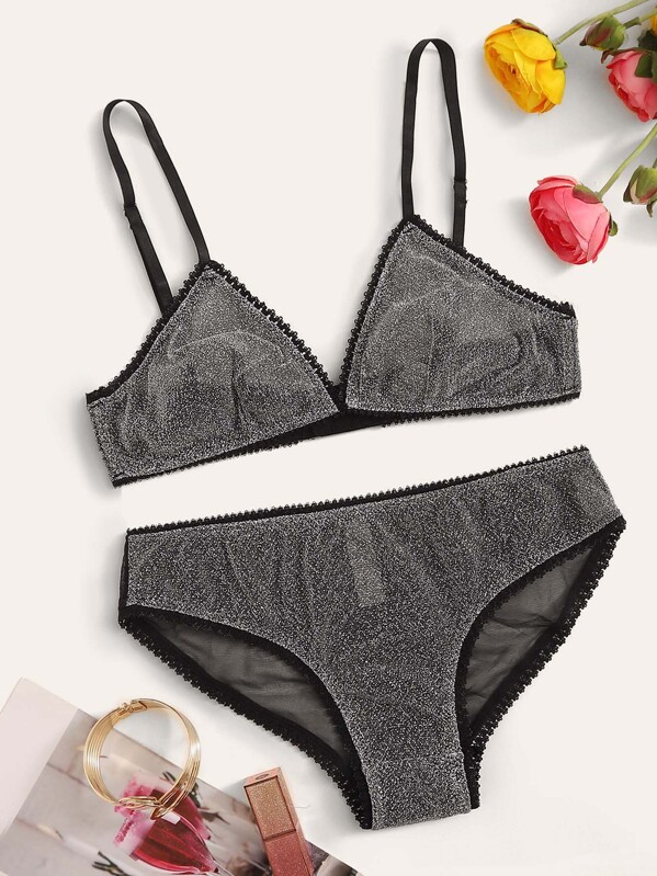 

Glitter Adjustable Strap Lingerie Set, Grey