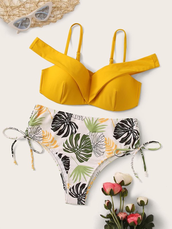 

Underwire Top With Tropical Tie Side Bikini Set, Multicolor