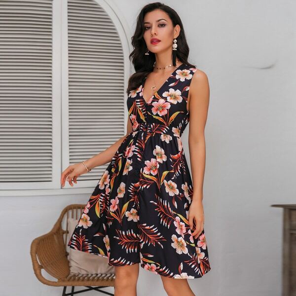 

Glamaker Tropical Print Button Front Sleeveless Dress, Multicolor