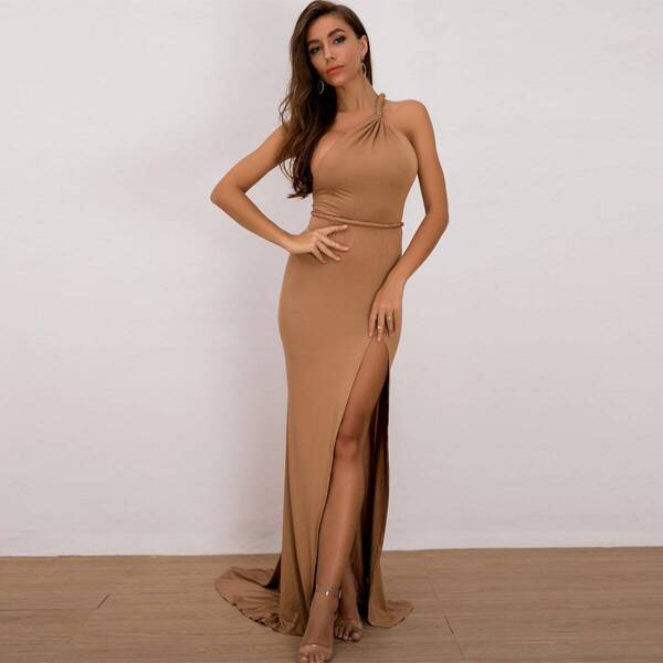 

Split Thigh One Shoulder Backless Prom Dress, Khaki