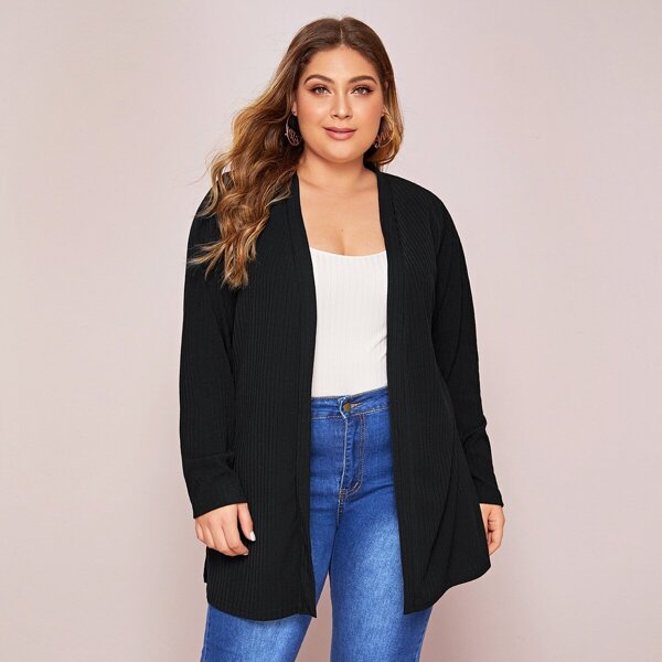 

Plus Split Side Rib-knit Cardigan, Black
