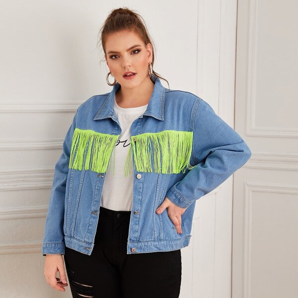 

Plus Neon Fringe Detail Denim Jacket, Blue