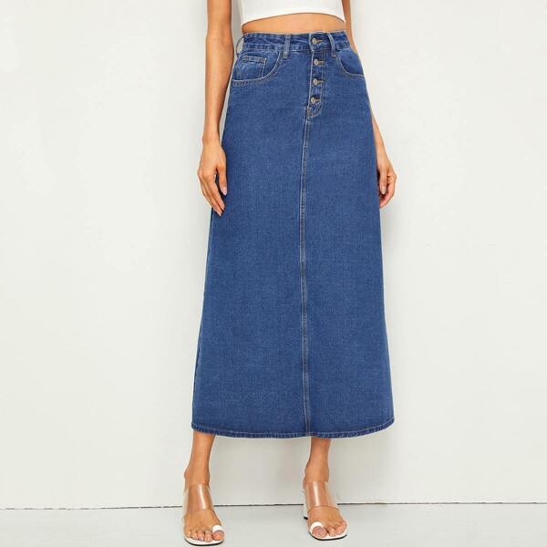 

Button Front Maxi Denim Skirt, Blue