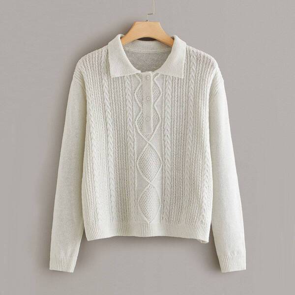 

Plus Button Half Placket Cable Knit Sweater, White