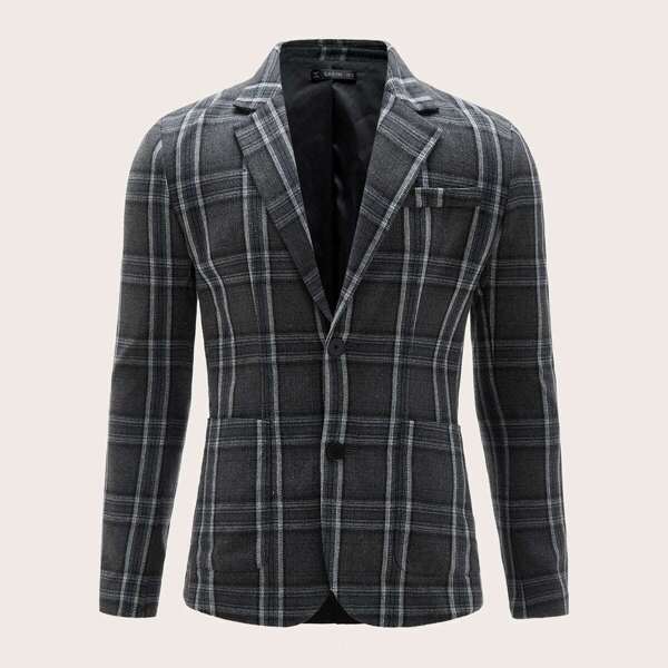 

Men Notch Collar Pocket Front Plaid Blazer, Grey