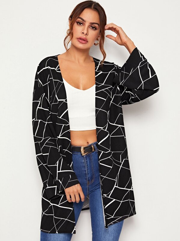 

Geo Print Bell Sleeve Open Front Coat, Black, Andy