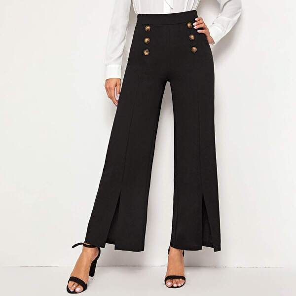 

Double Breasted Front Split Hem Wide Leg Pants, Black