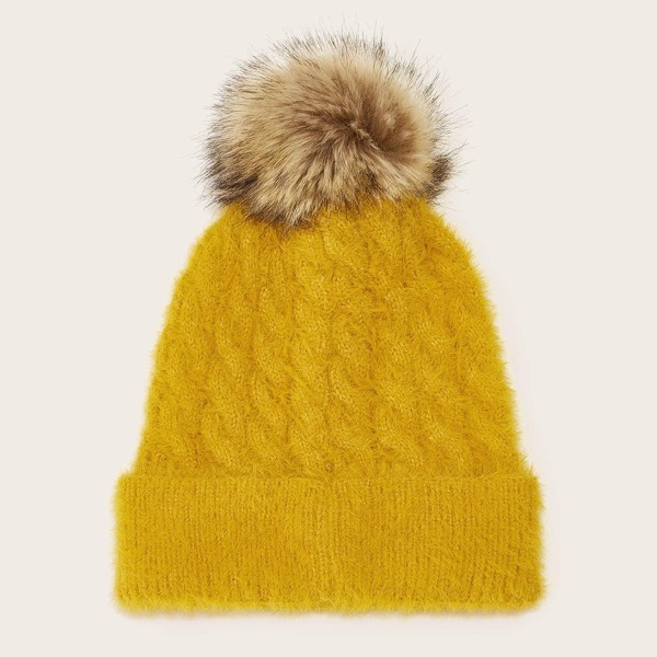 

Pom Pom Decor Cuffed Knit Beanie, Yellow
