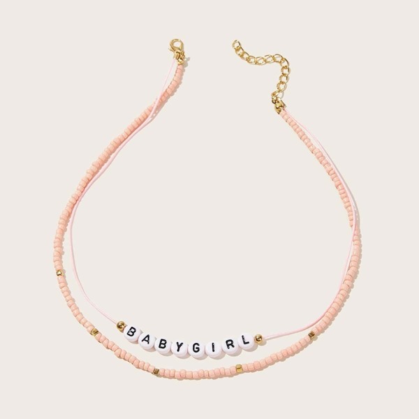 

1pc Letter Charm Beaded Layered Necklace, Pink