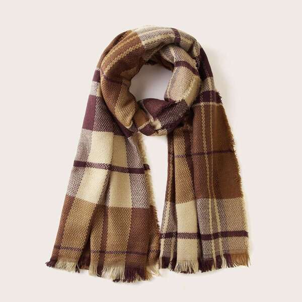

Plaid Pattern Raw Hem Scarf, Multicolor