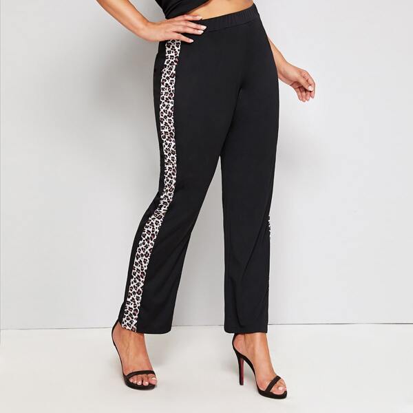 

Plus Leopard Print Side Elastic Waist Pants, Black