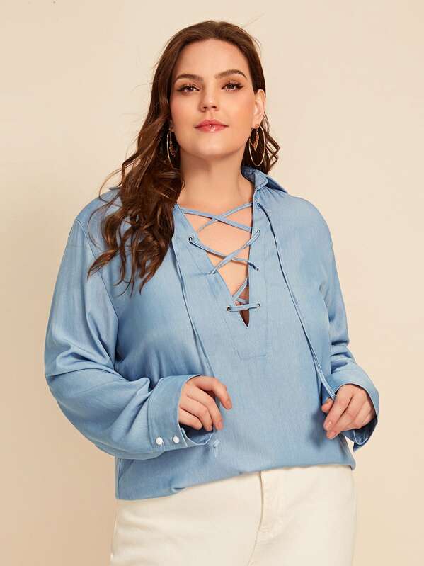

Plus Plunge Neck Lace Up Front Denim Blouse, Blue, Ella