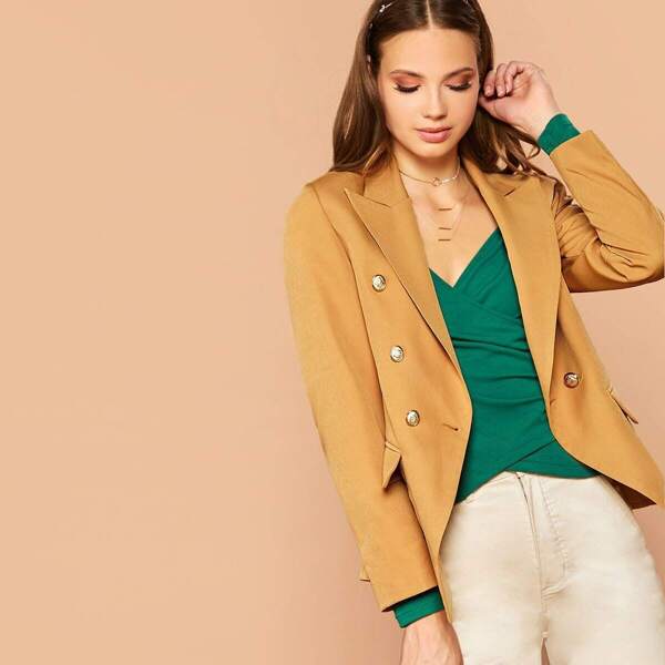 

Peak Collar Double Breasted Blazer, Camel