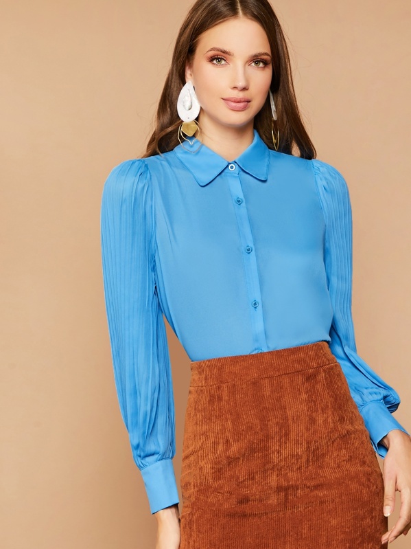 

Pleated Lantern Sleeve Blouse, Blue, Anja Petric