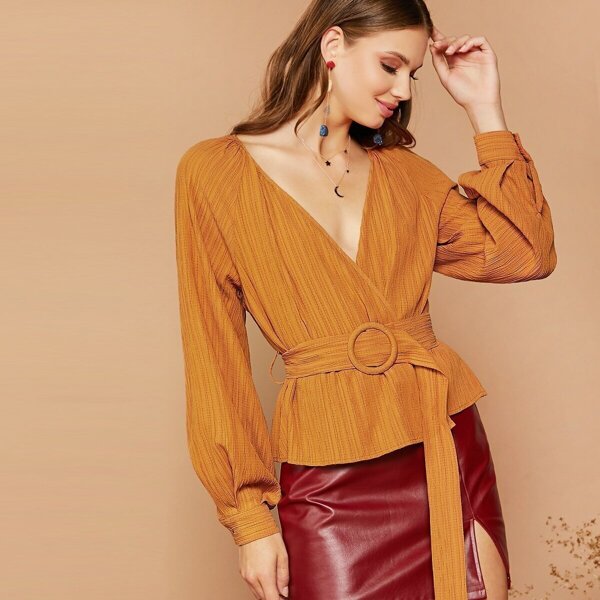 

Lantern Sleeve Buckle Belted Wrap Top, Camel