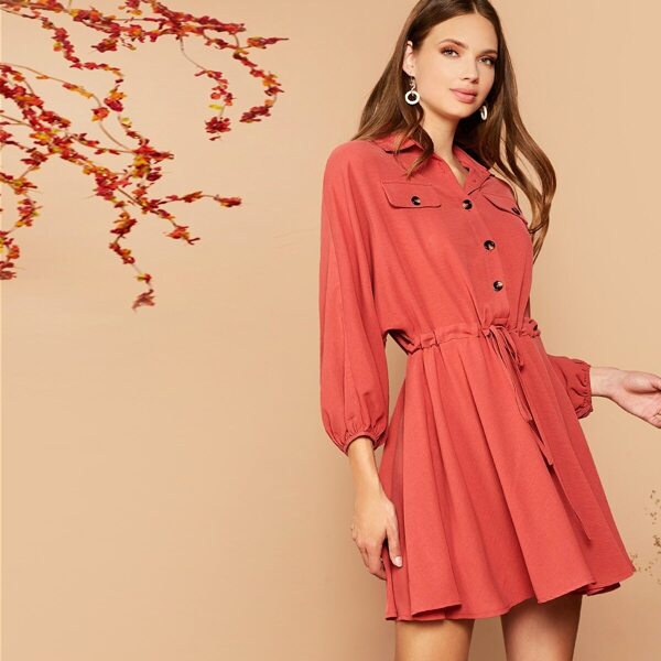 

Bishop Sleeve Drawstring Waist Shirt Dress, Red