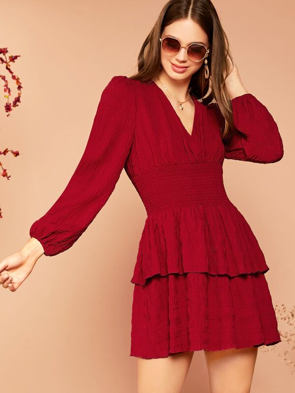 

Lantern Sleeve Shirred Waist Layered Hem Dress, Burgundy, Anja Petric