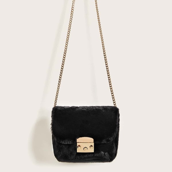 

Metal Lock Faux Fur Chain Crossbody Bag, Black