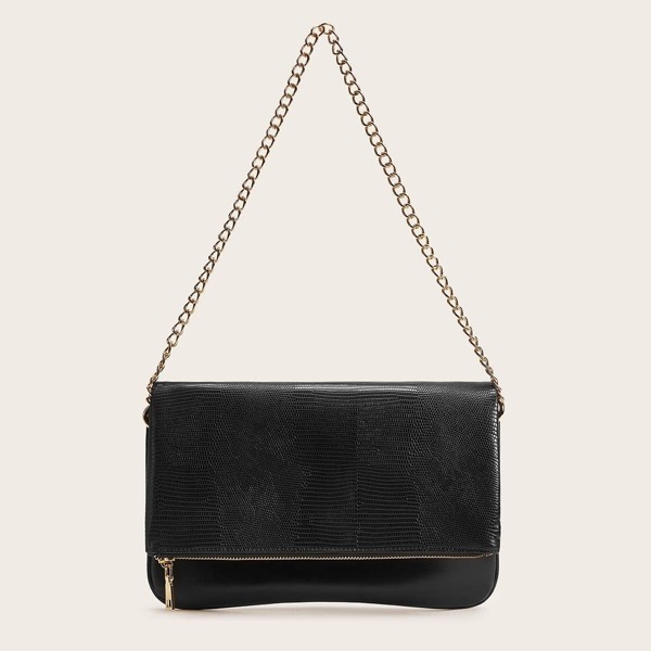 

Flap Zipper Baguette Bag, Black