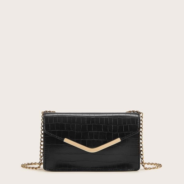 

Croc Embossed Flap Chain Crossbody Bag, Black