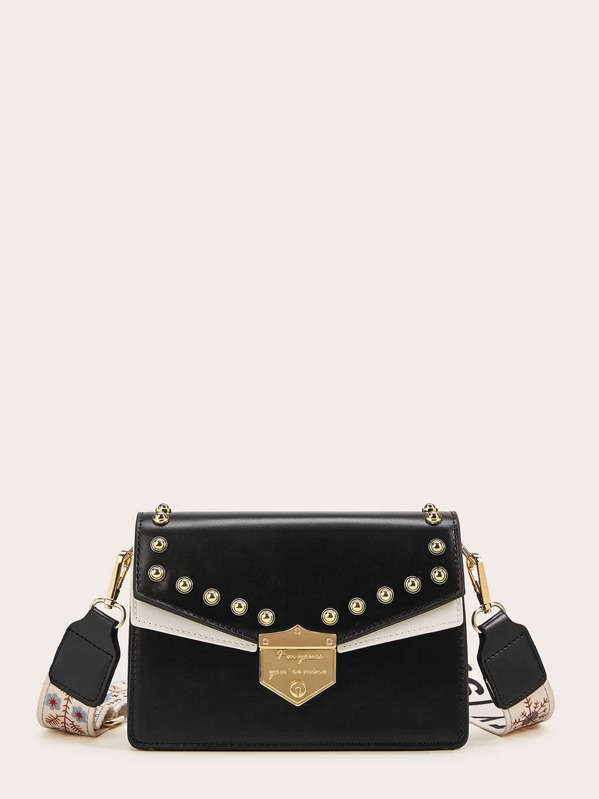 

Studded Decor Flap Crossbody Bag, Black