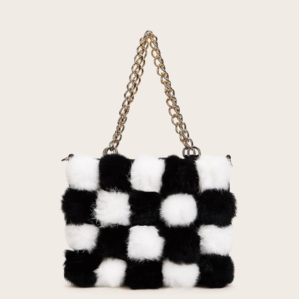 Two Tone Fluffy Chain Tote Bag
