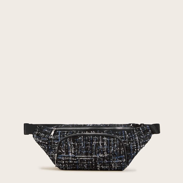 

Tweed Zip Front Fanny Pack, Black