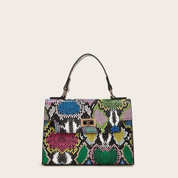 

Twist Lock Snakeskin Satchel Bag, Multicolor