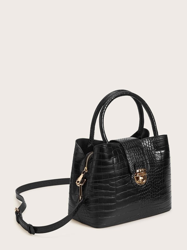 

Push Lock Croc Embossed Satchel Bag, Black