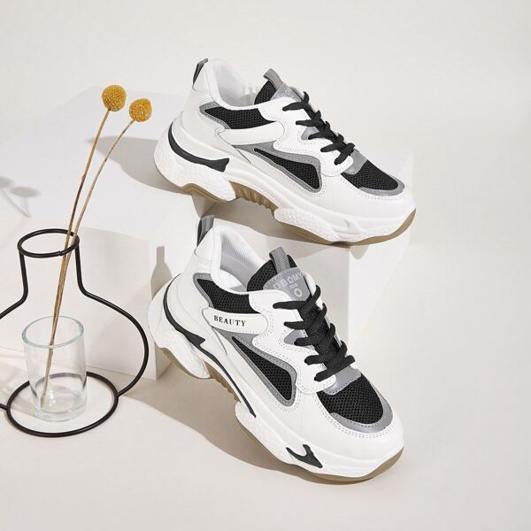 

Lace-up Front Mesh Panel Chunky Sneakers, Black and white